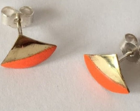 Brass & Neon Orange Enamel Stud Earrings