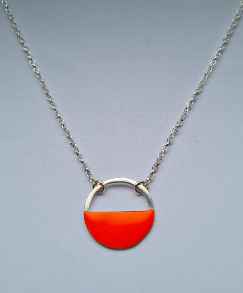Sterling Silver and Bright Orange Geometric Enamel Necklace, 100% Handmade by Alison in her studio in Bath UK