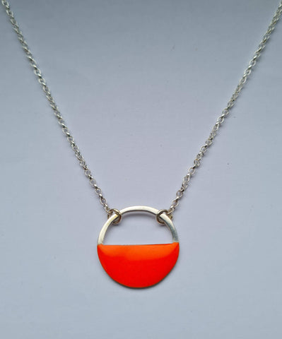 Sterling Silver and Bright Orange Geometric Enamel Necklace, 100% Handmade by Alison in her studio in Bath UK