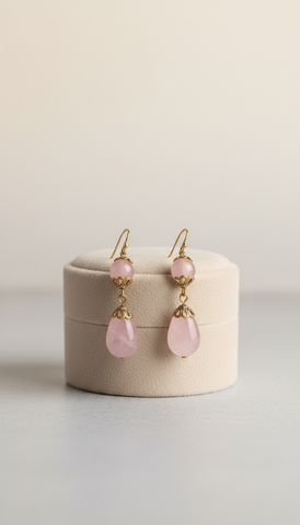 Rose Quartz Antique Gold Drop Earrings