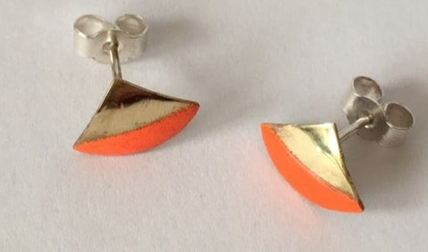 Brass & Neon Orange Enamel Stud Earrings