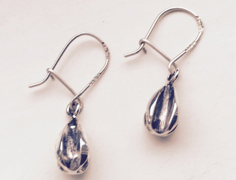 silver & oxidised small pod dangly earrings