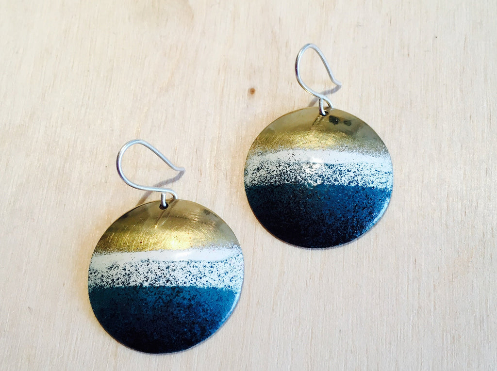 Silver & Brass with Blue Resin Enamel Colourful Round Earrings