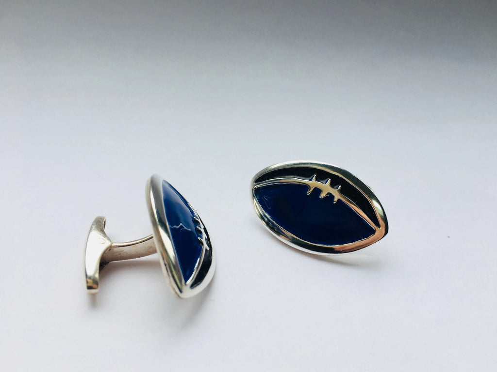 Silver with Blue and Black Enamel Rugby Ball Cufflinks