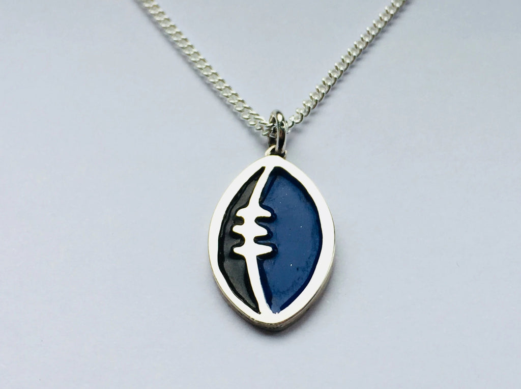 Silver with Blue and Black Enamel Rugby Ball Pendant Necklace