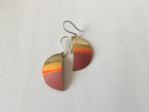 Silver and Brass Half Round Colourful Enamel Dangly Earrings